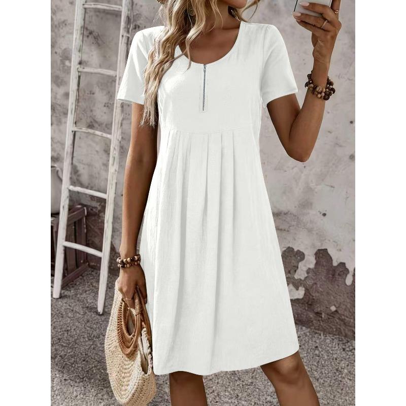 QICED Fashion Summer Spring Solid Color Print O-Neck Short Sleeve Casual Dresses