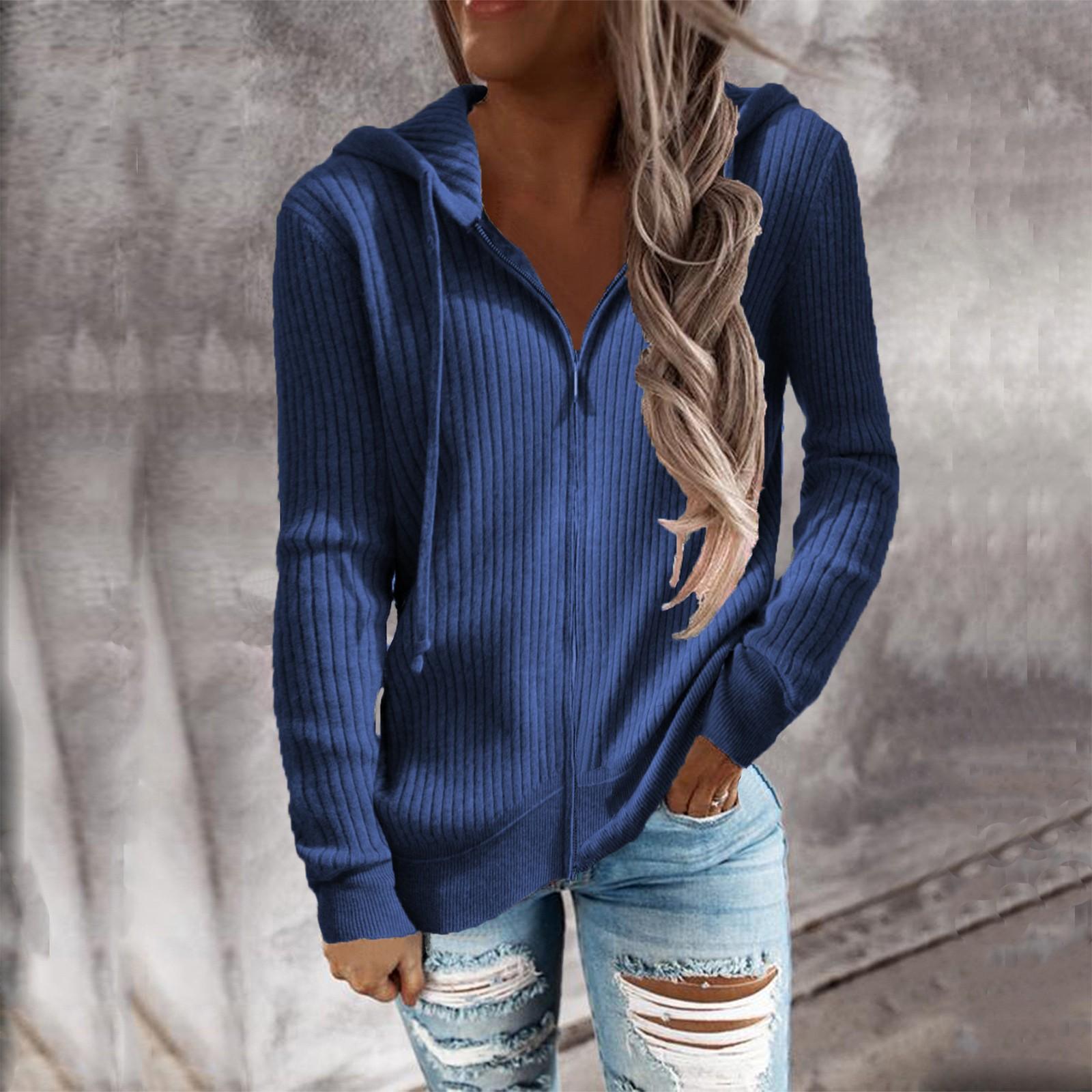 

Long Sleeve Open Front Cardigans For Women Casual Knit Zip Up Hooded Outwear Sweatshirt Coat L синій