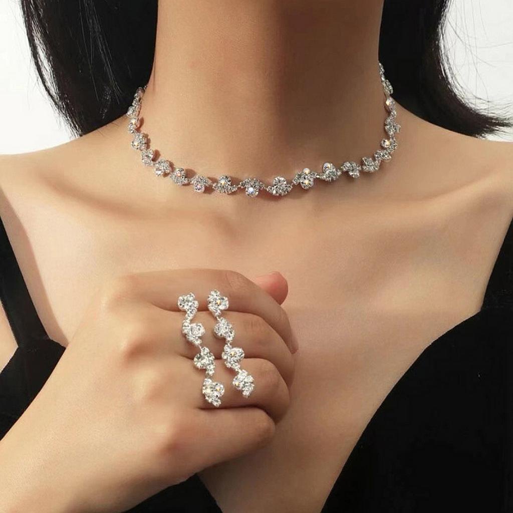 3pcs Rhinestone Flower Decor Necklace & Drop Earrings Zircon Set Wedding Series Dating Accessories