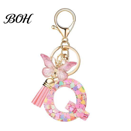 Compact Keychain Pink Series Pendant, Sequins Heart Initial Letter Charm Key Chain with Durable Butterfly Tassel Design, A-Z Holder for Bag
