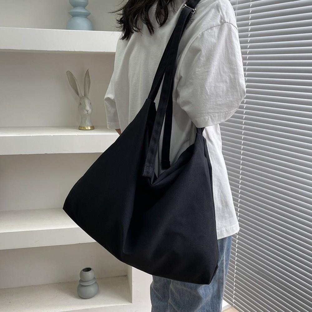 Casual Canvas Shoulder Bag Solid Color Adjustable Strap Shopping Bag Large Capacity Crossbody Bag Travel