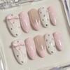24PCS Cream Pink Almond Press On Nails Sweet 3D Bowknot Silver Star Cute Polka Dots Lace French False Nails for Girls Wearable