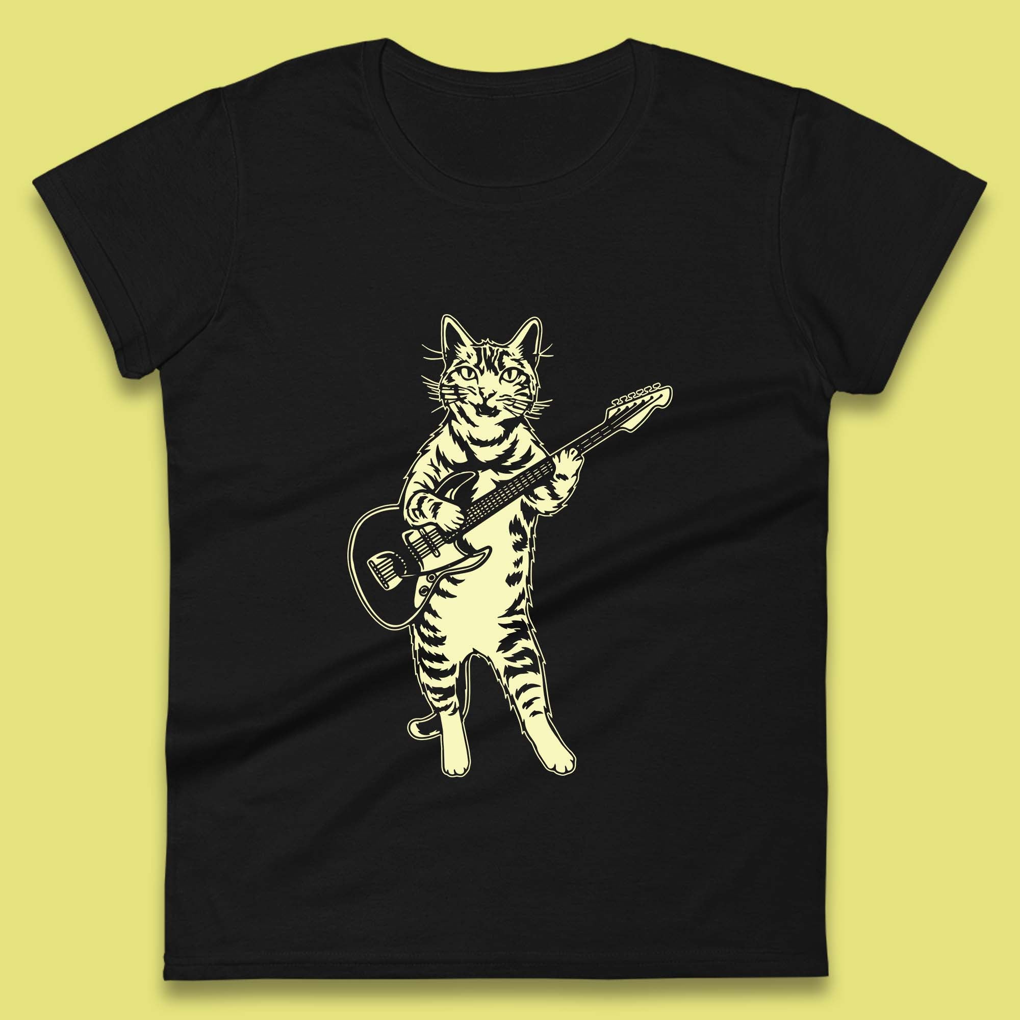 Rock Cat Playing Guitar Musician Guitarist Cat Music Lovers Womens Tee T Shirt Mens Tops Unisex Top 2XL