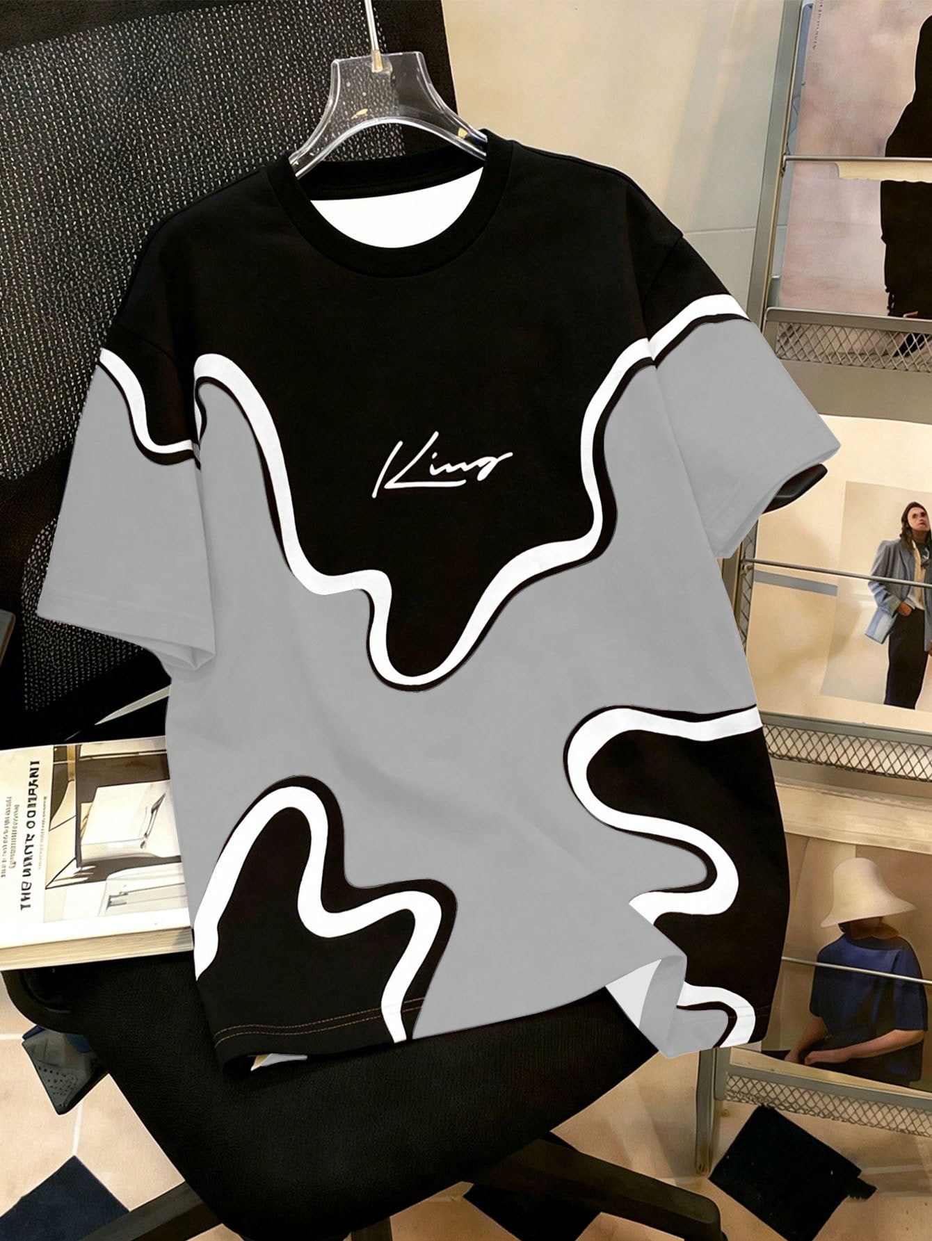 Men s Contrast Color Print Round Neck Loose Short Sleeve T-Shirt,Summer S
