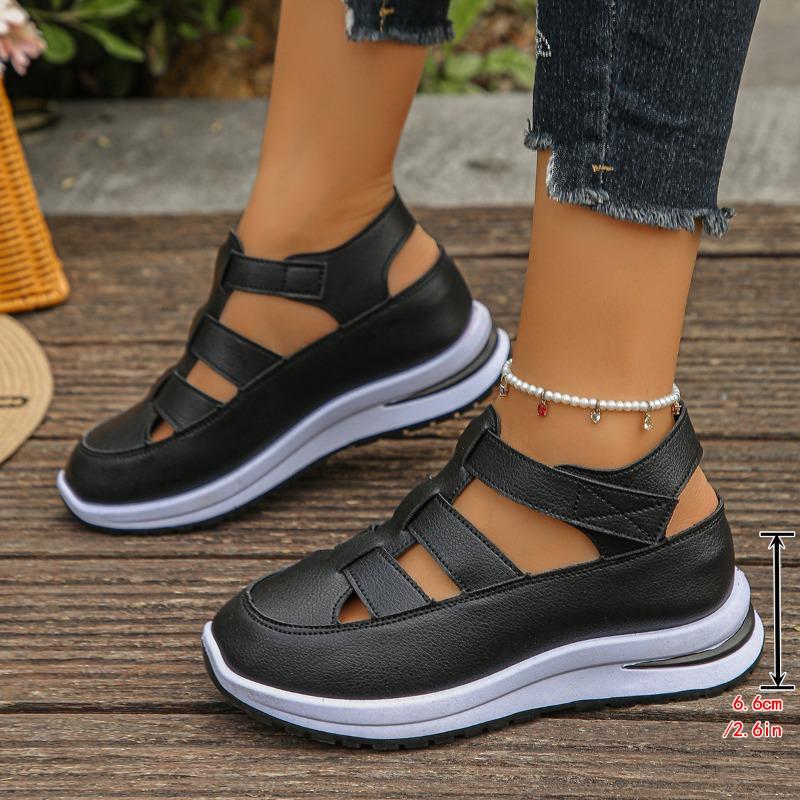Plus‑Size Closed‑Toe Hollow‑Out Hook‑and‑Loop Thick Wedge Women Sandals