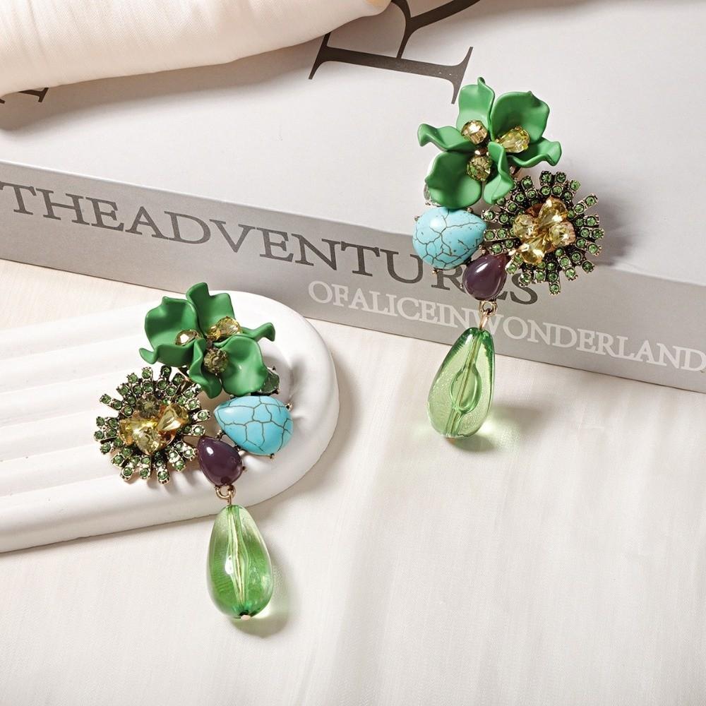 Water Droplet Pendant Pendant Earrings Retro Inlay Flower Earrings Jewelry Gift зелёный