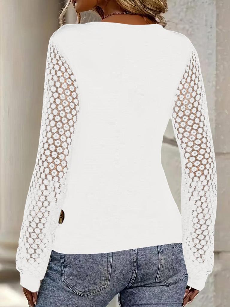 European & American Fashion Lace Patchwork Lantern Sleeve Crossover T-shirt
