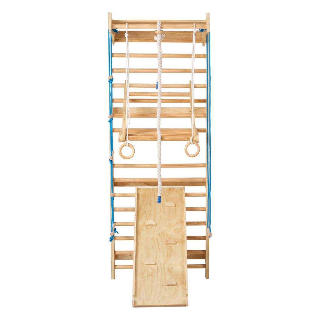 Swedish Ladder Wall Gym, 8-in-1 15 Levels Solid Wood Indoor Jungle Gym, 220LBS Wall Stall Bars Climbing Playset with Wall Ladder, Slide Board, Pull-Up