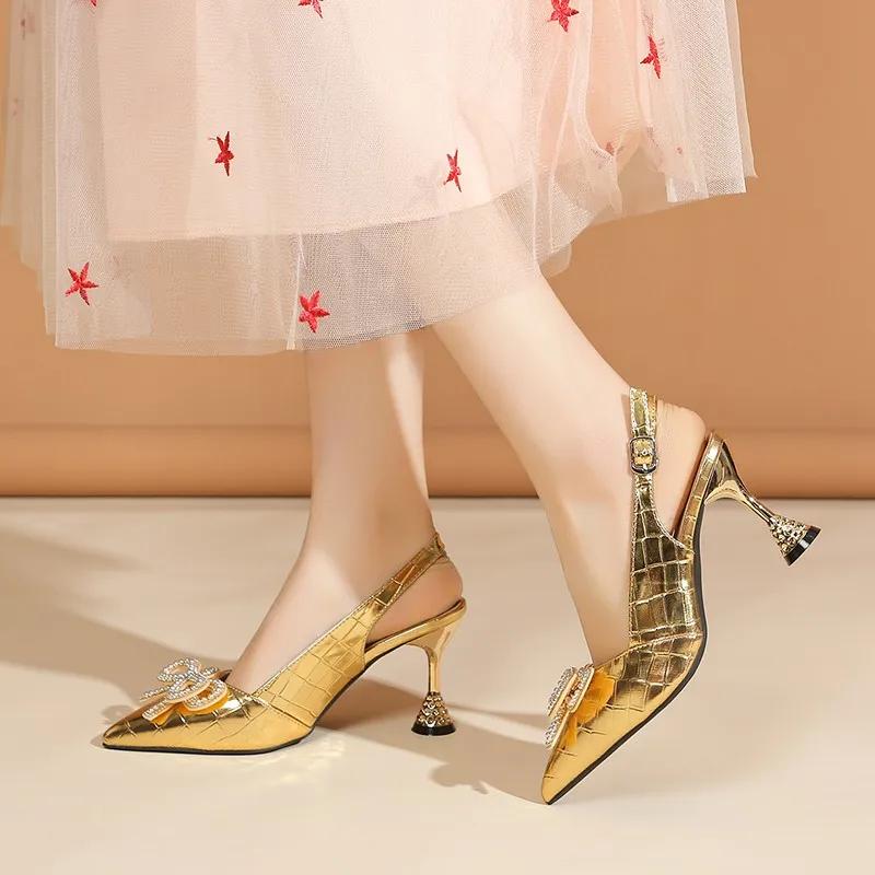 Fashion Crystal Bowknot Women's High Heels Summer Slingbacks Dress Women Pumps Sexy Pointed Toe High Heels Shoes Ladies Sandals