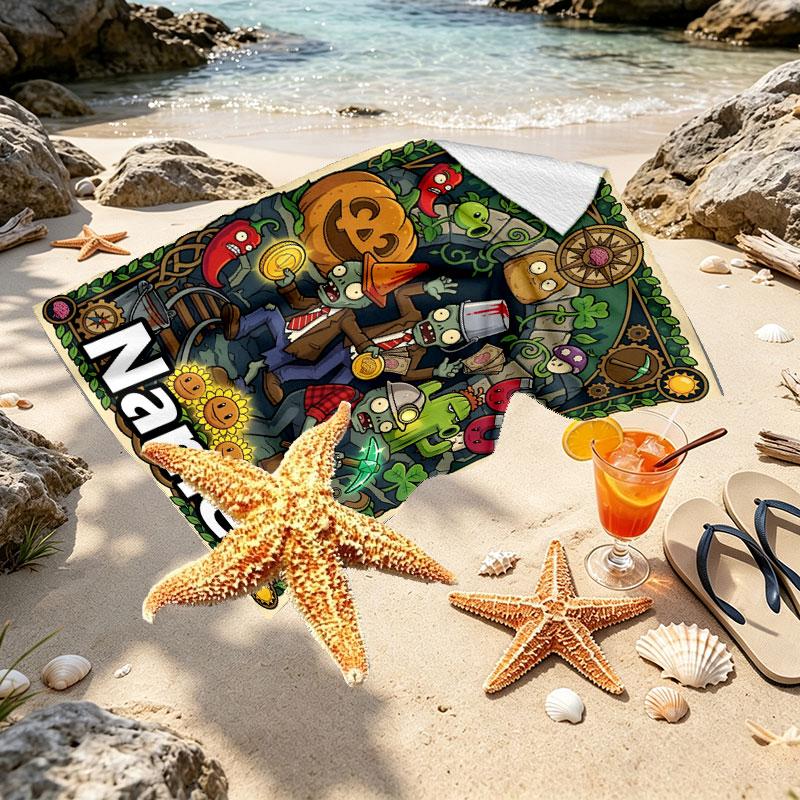 Custom Name Personalized Plants vs. Zombies Print Beach Towel, for Trip Camping Beach Party Home Decor, Birthday Gift for Family & Friends