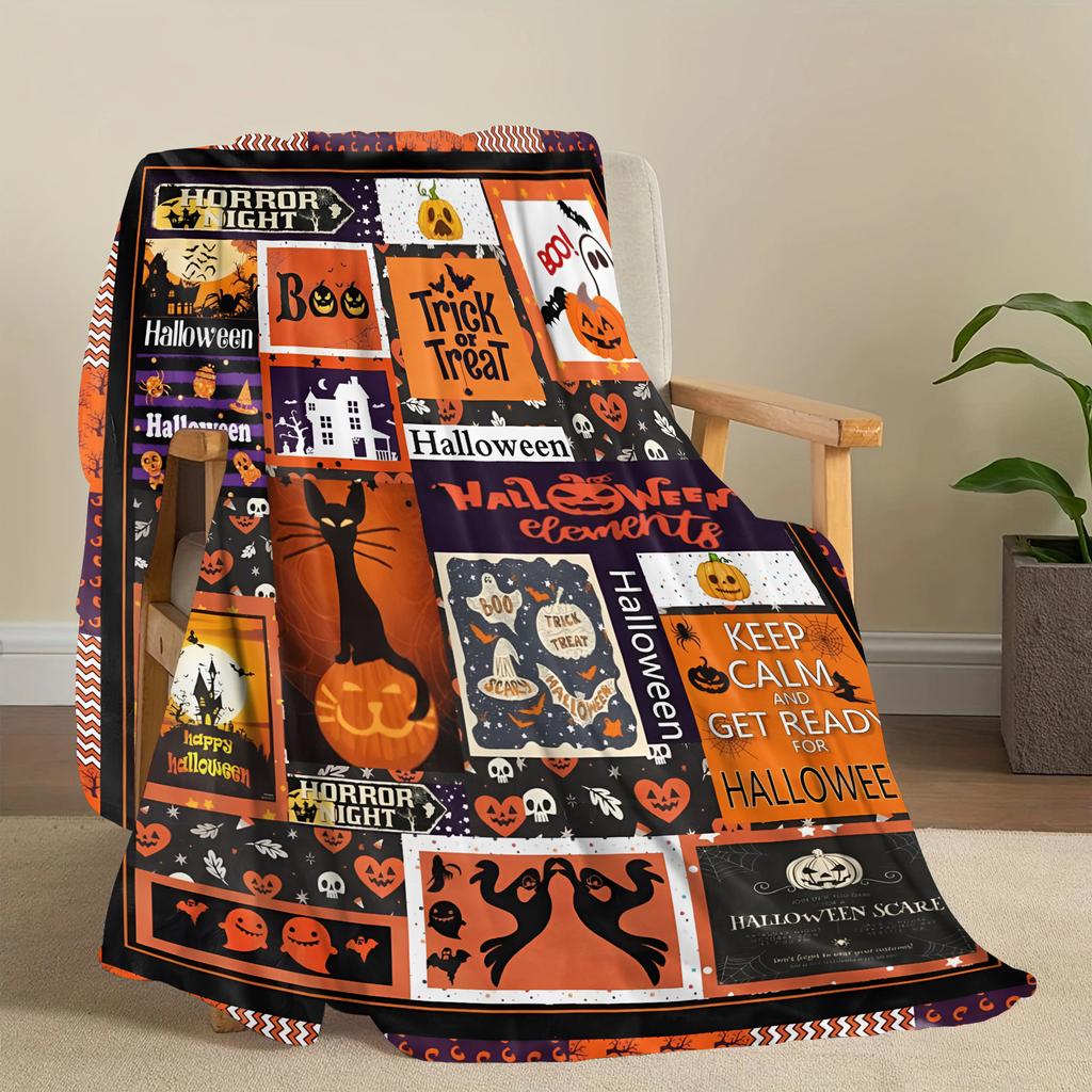 Flannel Halloween Blanket Vibrant Halloween Motifs Print Flannel Blanket For Adding Spooky Charm To Home Stylish Durable