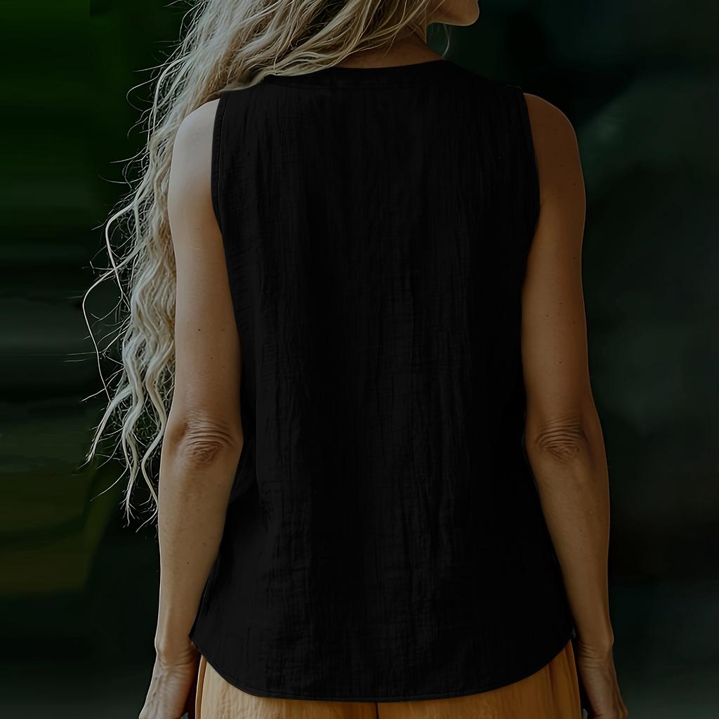 Sleeveless V Neck Button Front Casual Top Linen Cotton Blend Summer Shirt Lightweight Breathable Fabric Comfortable Fit
