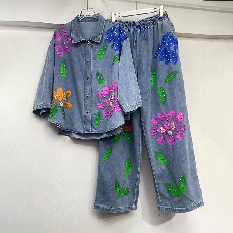 Womens Denim 2-Piece Set Sequin Embroidered Shirt Relaxed Pants 2026 Casual Outfit