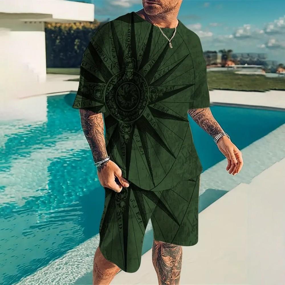Men's New Animal Printed Breathable Round Neck T-shirt Shorts Set Outdoor Casual Two-piece Set