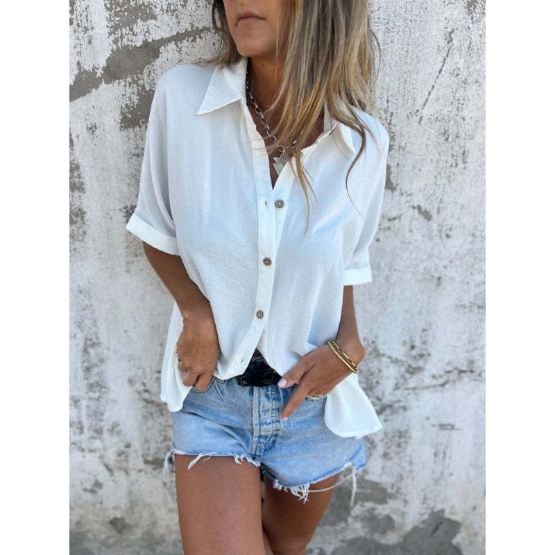 Womens Solid Button Down Short Sleeve Loose Casual Shirt S белый