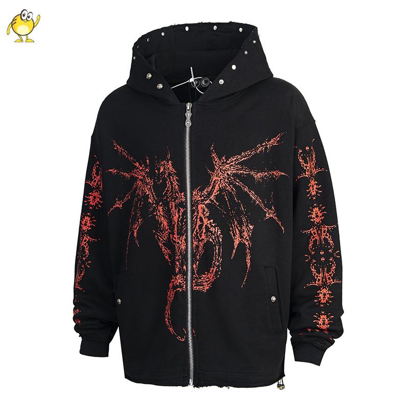EastRogue Heavyweight Star Moon Dragon Bone Satan Devil Print Zipper Hooded Open-Front Sweatshirt Men's Jacket