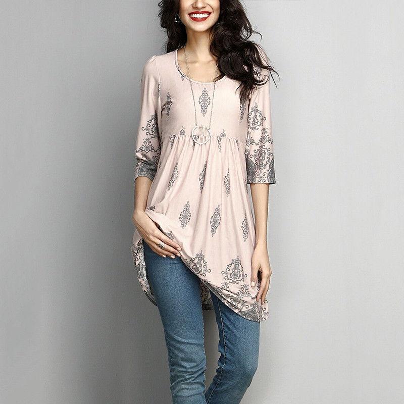 Elegantes Plus Size Damen Druck Langarm Mini Kleid T-Shirt Tunika Herbst S-5XL
