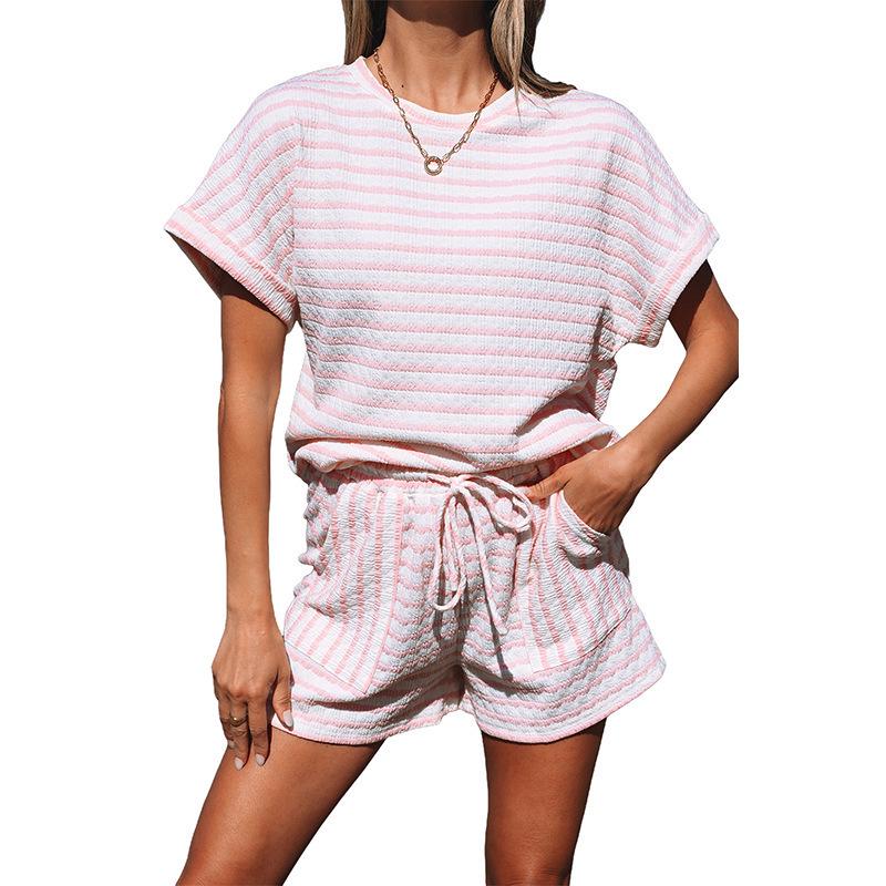 

2025 Spring/Summer Women s Knit Drawstring Short-Sleeved Two-Piece Casual Set - European & American Fashion Small