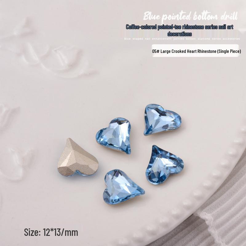 Elegant Blue Crystal Nail Art - Large & Irregular Rhinestone Accessories with Crooked Peach Hearts