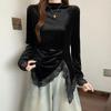 Women's Gold Velvet Slim-Fit Lace Top: Irregular, Long Sleeve, Half-High Collar, for Autumn and Winter.