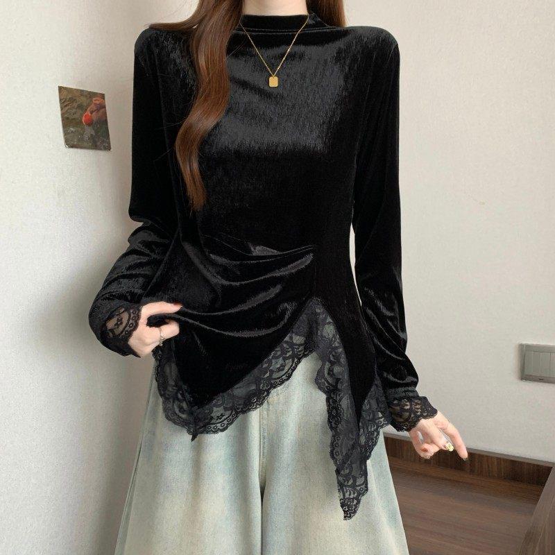 Women's Gold Velvet Slim-Fit Lace Top: Irregular, Long Sleeve, Half-High Collar, for Autumn and Winter.