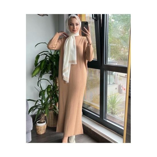 Knitwear Women Hijab Long Sleeve Ribbed Half Neck Long Knitted Dress
