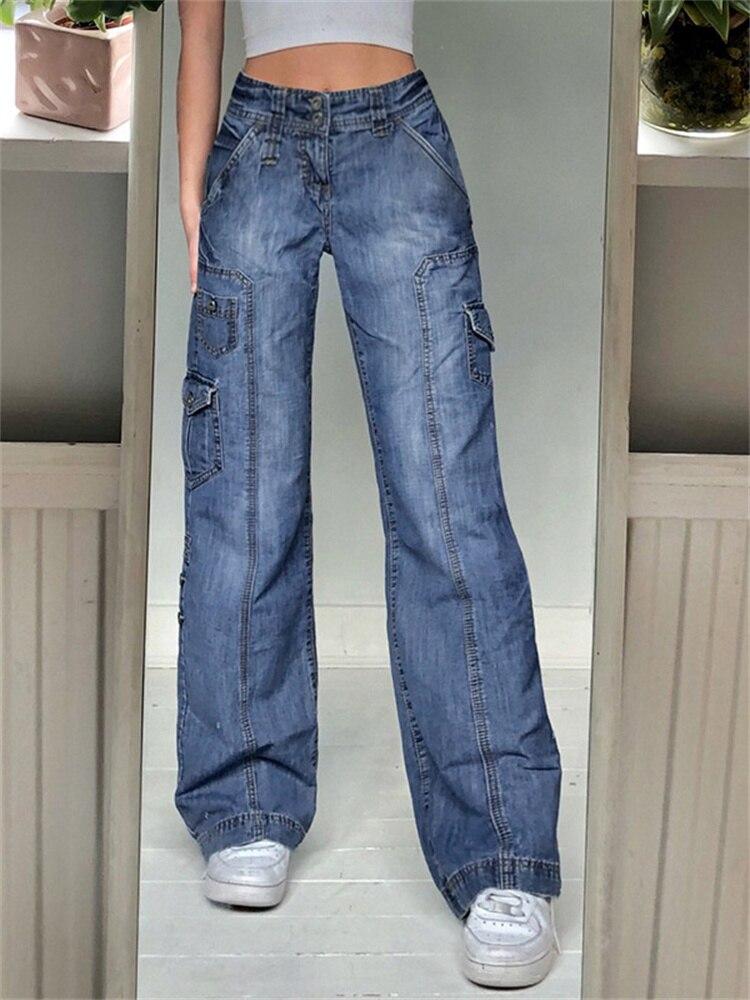 Tasche Jeans larghi impunturate Moda Streetwear Pantaloni in denim da donna Pantaloni cargo larghi Jeans coreani Pantaloni dritti Harajuku