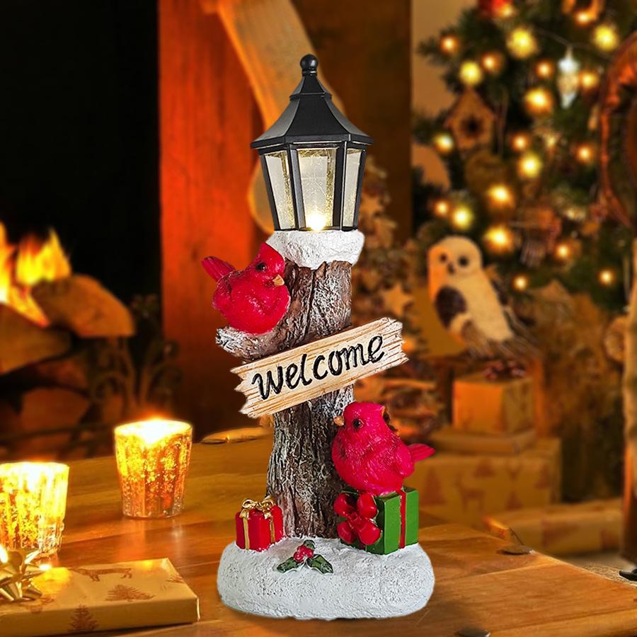 New Christmas Red Bird Tree Trunk Lamp Post Ornament LED Luminous Resin Crafts Christmas Atmosphere Decoration