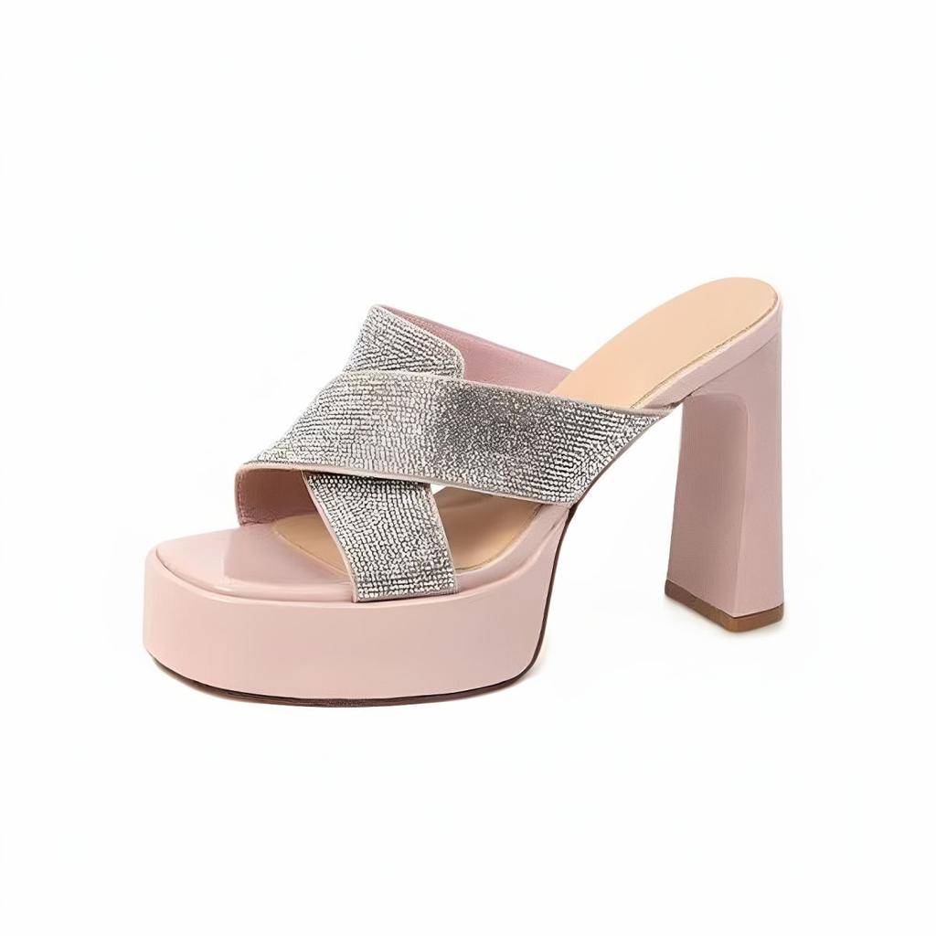 2025 Summer Luxury Crystal Glitter High-heeled Slippers Sexy Hollow Out Thick Soled Sandals Fashionable Open Toed Wedding Shoes