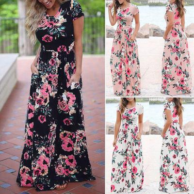 Boho Floral Print Short Sleeve Evening Party Casual Long Maxi Dress