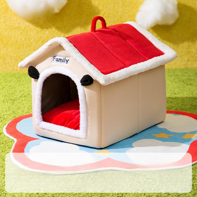 Contrast Color Splicing Crayon Small White Red Roof House Nest Small Dog Cat Autumn and Winter Warm Dog House Cat Nest Pet Supplies