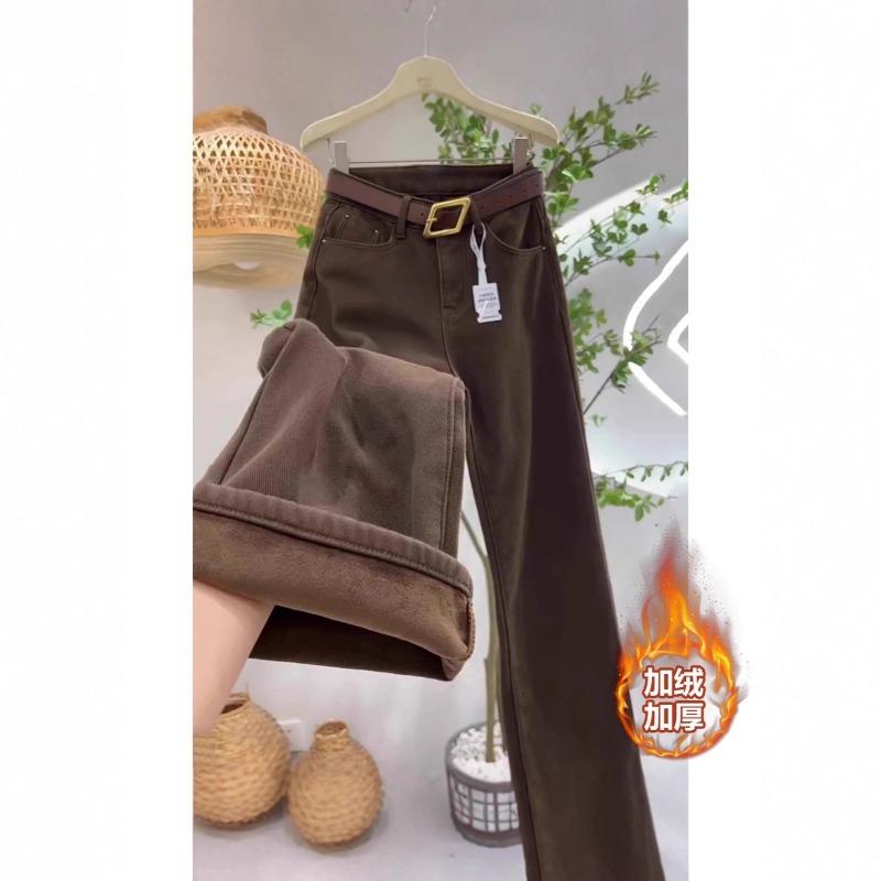 Fleece coffee wide-leg jeans women's winter, new high-waisted and thin pear-shaped narrow version straight pants