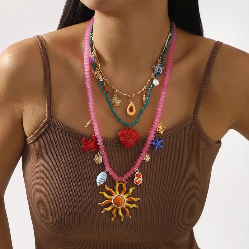 Bohemian Resin Sunflower Starfish Pendant Necklace for Women Fashion Crab Chili Star Beaded Clavicle Chain Ocean Jewelry Gift
