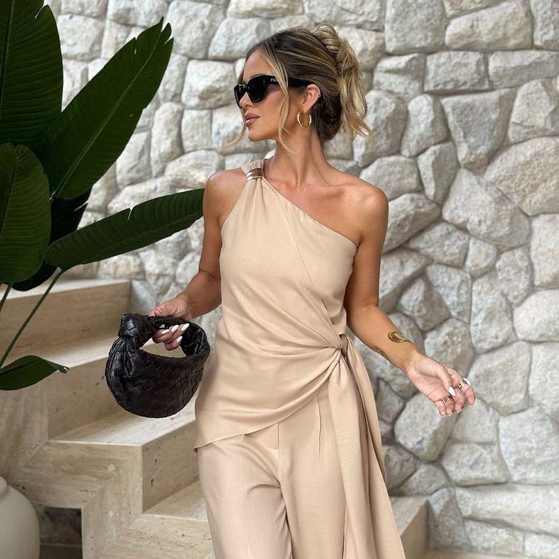 French-Style 2026 Summer Women's Outfit: Sleeveless Asymmetrical Tie-Up Tank Top and High-Waisted Long Pants Two-Piece Set