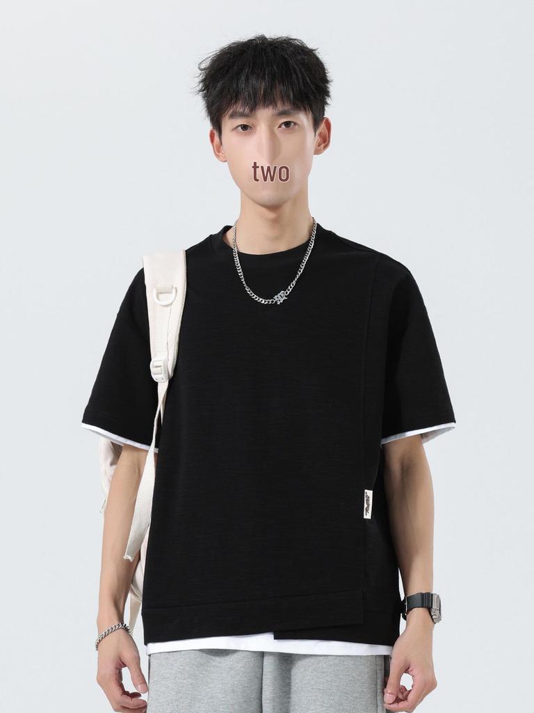 Men's Summer Two-Piece Loose Bamboo Pattern Heavyweight T-Shirt