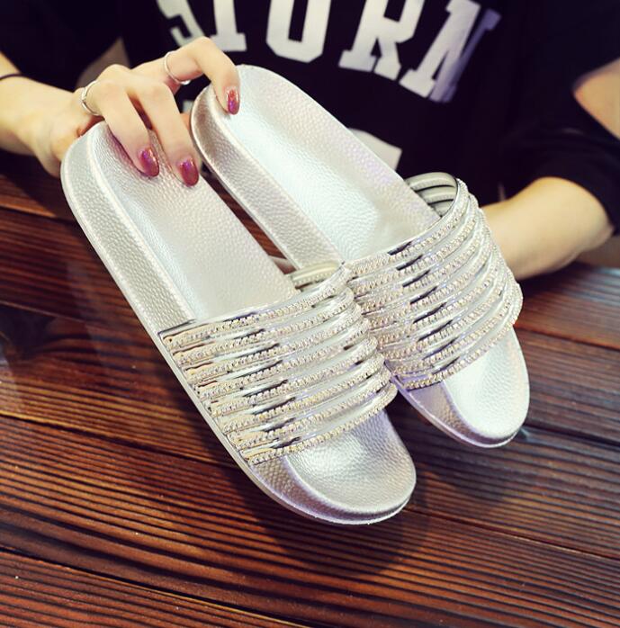 

Fashion glitter crystal narrow band women slippers summer outside flat creepers slides 36-41 size anti-skid beach flip flops gold/sliver 9.5 серебряный