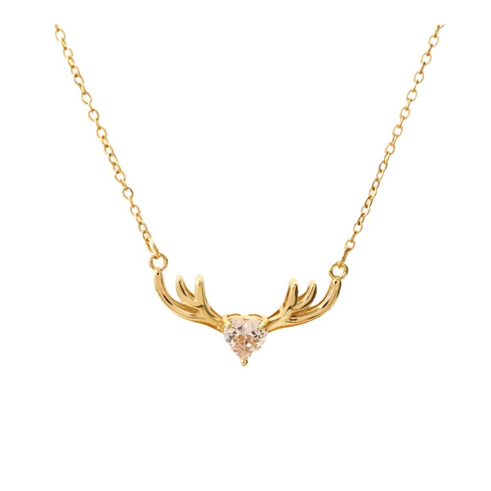 Minimalist Antler Heart Pendant Necklace - Gold Plated Pink Zircon Deer Horn Collarbone Chain for Women Sweet Jewelry