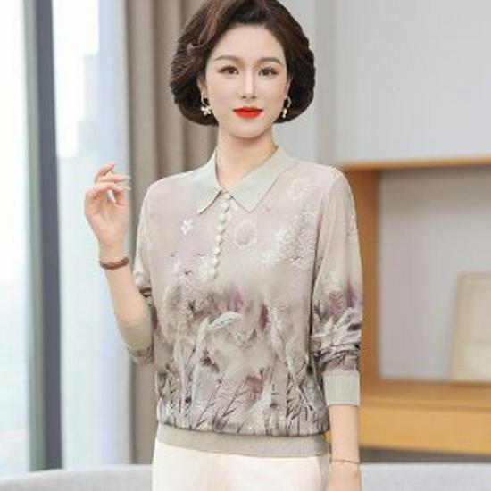 

Mom s Spring Knit Lapel Top: Stylish Loose Fit Long Sleeve Shirt for Middle-Aged & Elderly Women (40s-50s), Perfect for Spring & Autumn 2XL