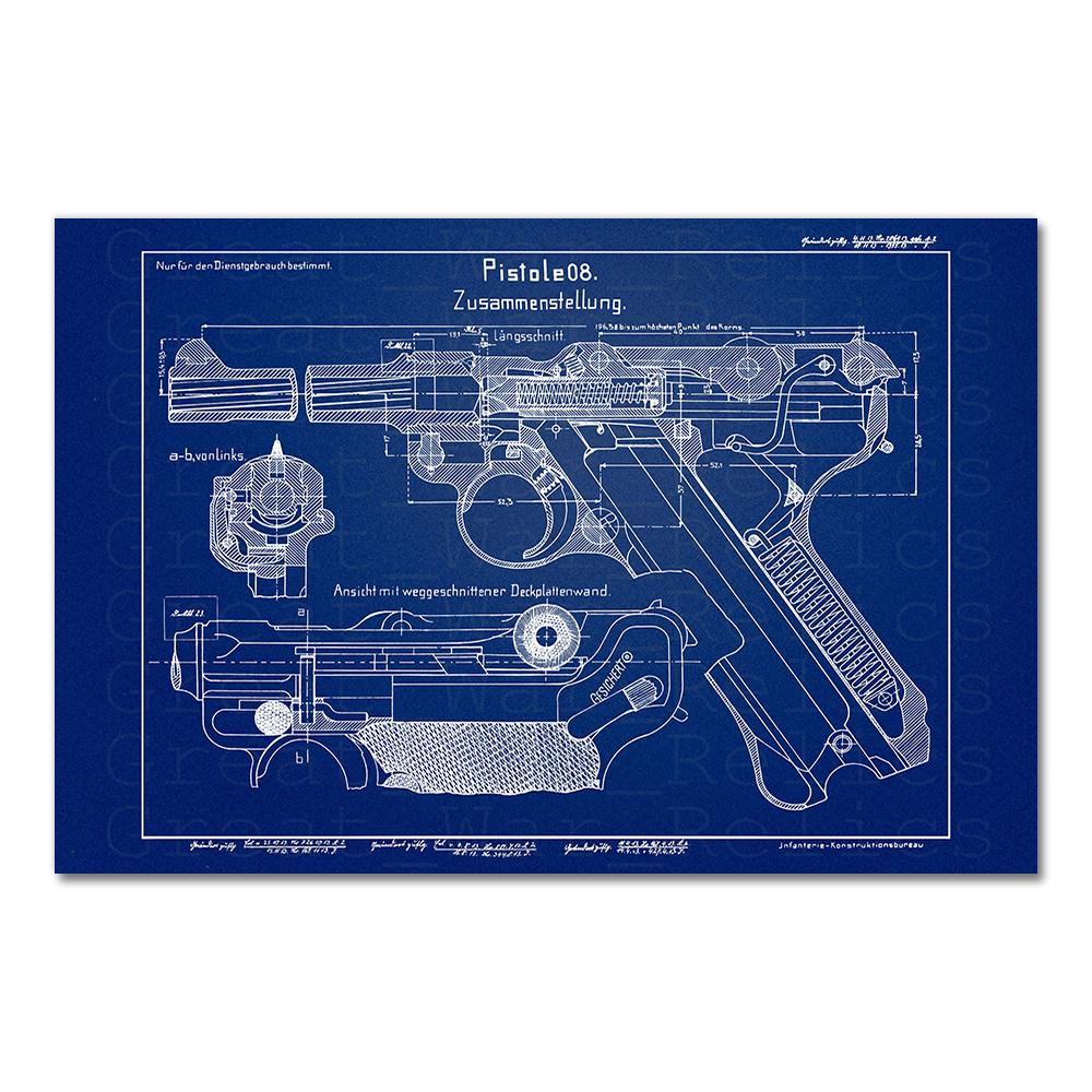 Gun Blueprint Luger Pistol Patent Chart Canvas Painting Posters And Prints Wall Pictures For Living Room Decoration Home Decor