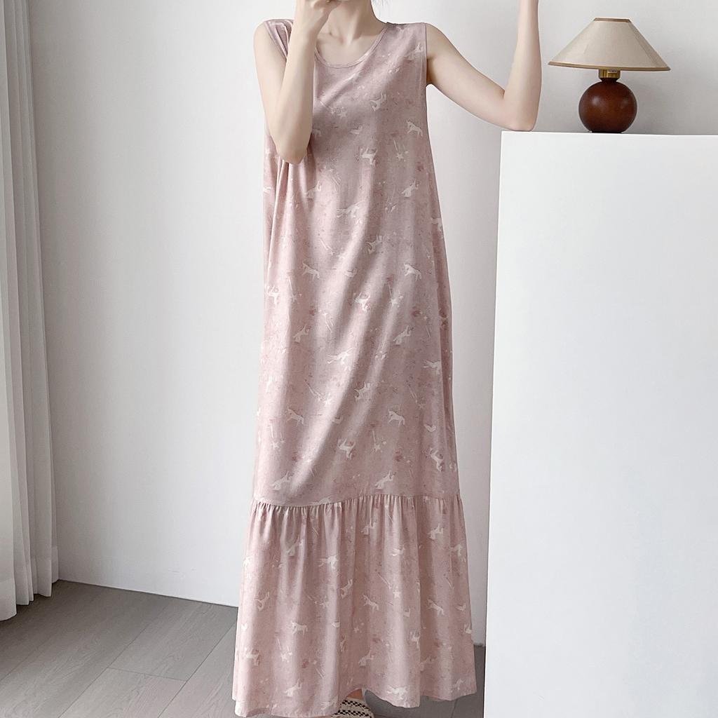 Robe de nuit sans manches en coton et soie pour femme, été, idyllique, ample, grande taille, peut être portée dehors, jupe fishtail en coton artificiel à fleurs
