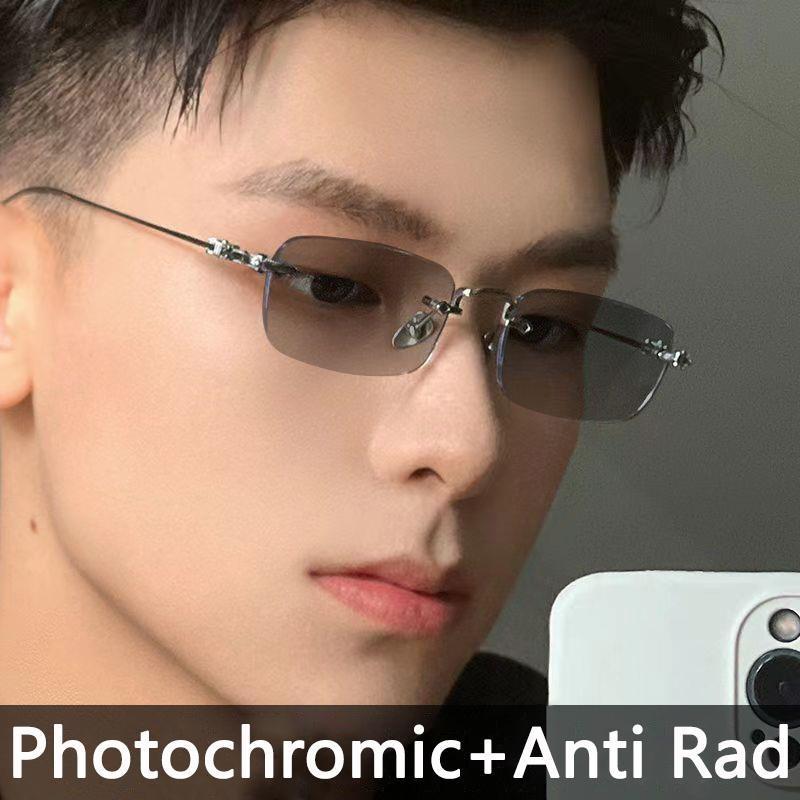 New Fashion Photochromic Glasses Vintage Frameless Square Frame Anti-Blue Light Eyeglasses Women Men Optical Eyewear Uv400