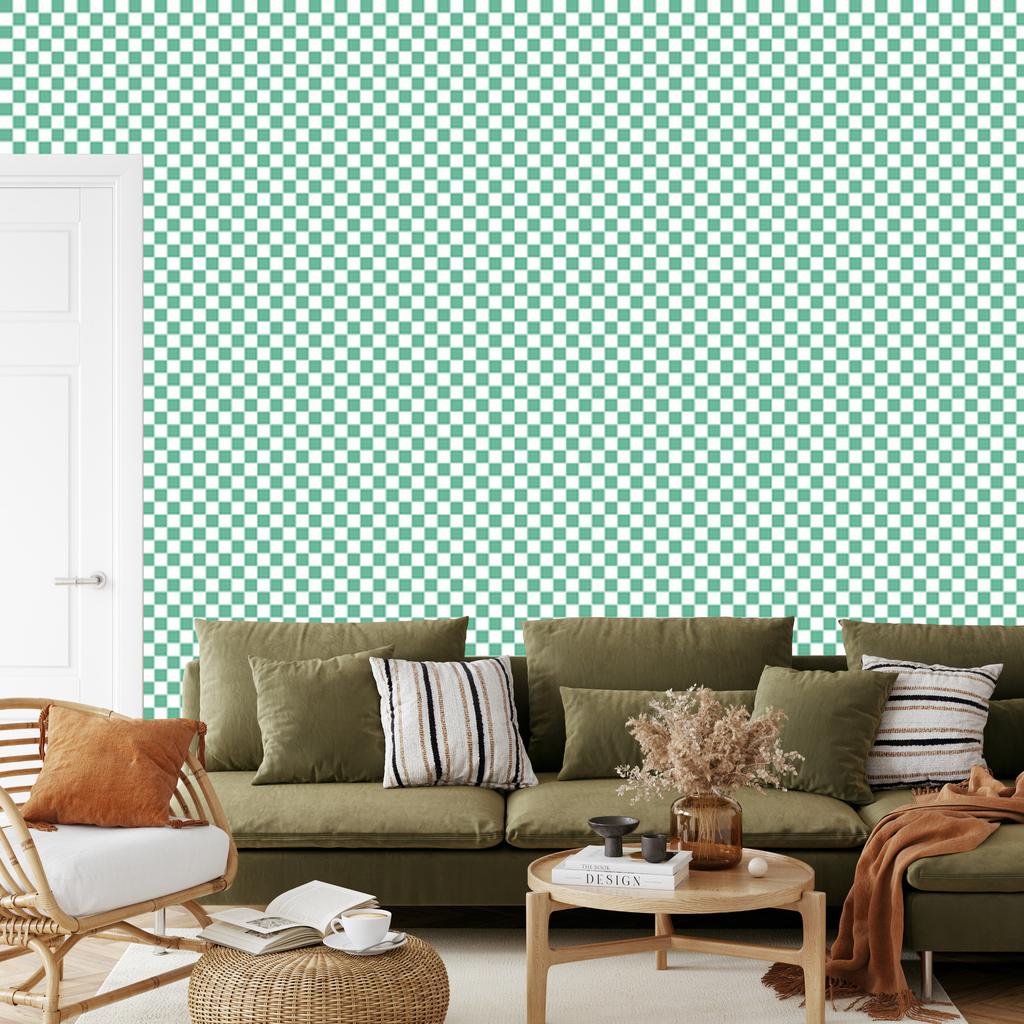 Mint and Sea Blue Checkerboard Wallpaper for Living Room and Bedroom 50x1000