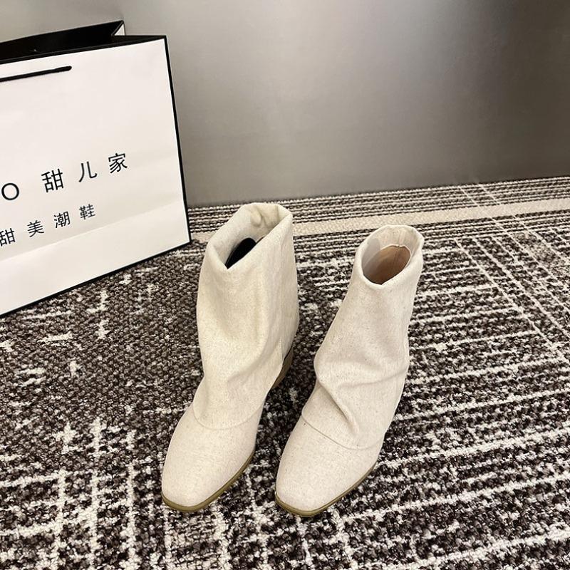 Fashion 2024 Women's Western Boots Female Autumn Winter Ankel Boots Pointed Toe Square Heels Boots Microfiber Fabric Pleated