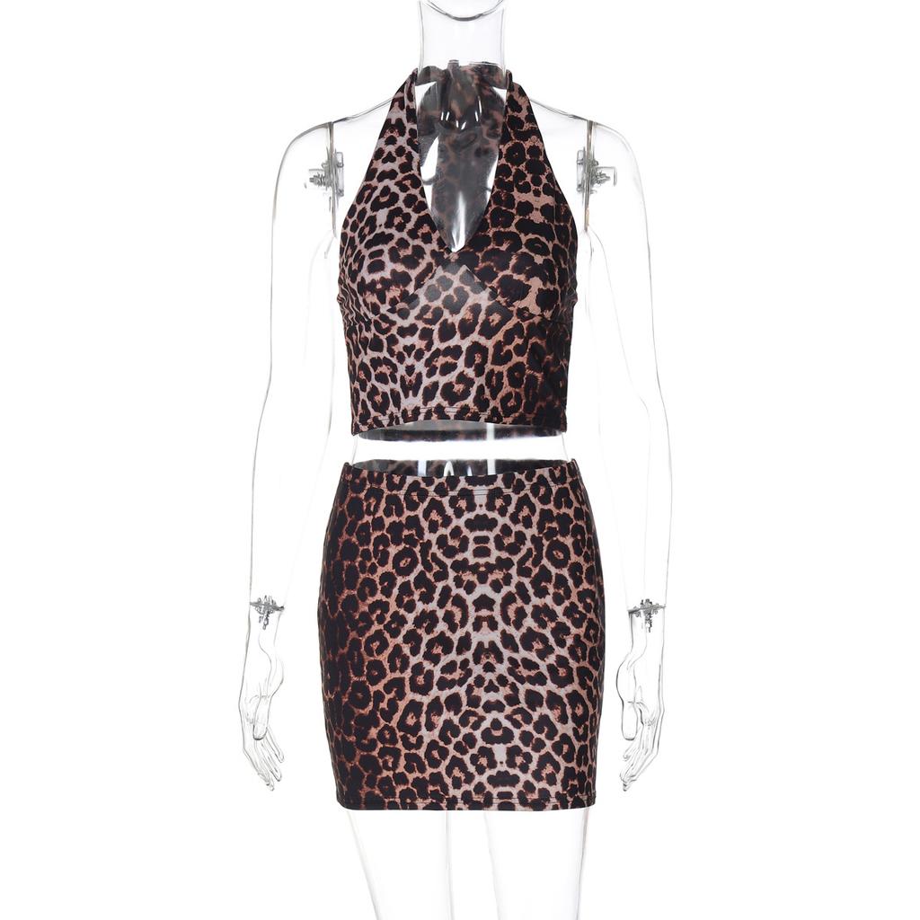 Women Sexy Leopard Print Halter Vest Bodycon Mini Skirt Two Piece Set
