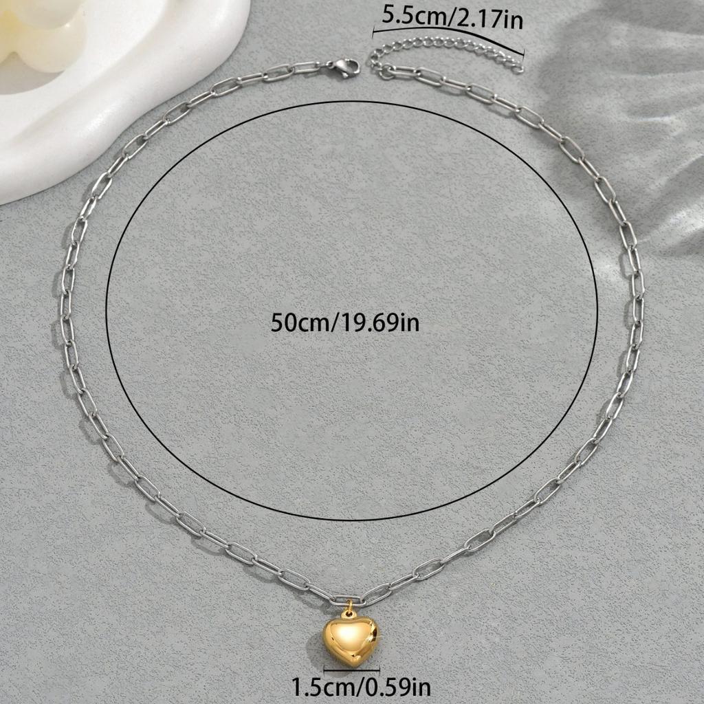Geometric Heart Design Versatile Women's Necklace Personality Gold and Silver Color Block Pendant Chain