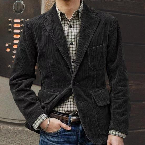 Long Sleeve Flap Pockets Single Breasted Men Jacket Autumn Winter Corduroy Lapel Office Suit Jacket