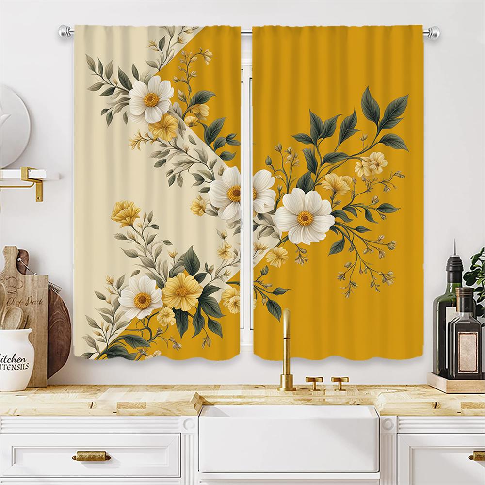 Piece Set High Definition Digital Printed Curtainyellow Background Floral Pattern White Yellow Flowers Green Curtain Made Of Polyester