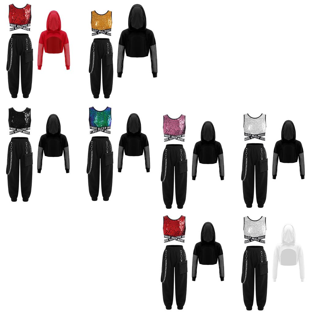 Kinder Mädchen Street Dance Outfit 3-teilig: Pailletten-Kreuz-Taillenweste & Hose mit Metallketten-Tasche mit durchsichtigem Netz-Langarm-Hoodie für Auftritte