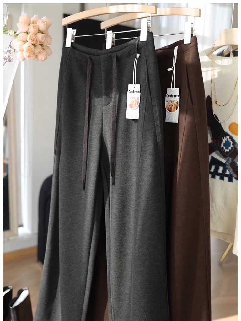 

Women s Thickened Silk Cashmere Wool Wide-Leg Pants, 720g Loose Casual Straight Fit XL up to 140 lbs черный серый