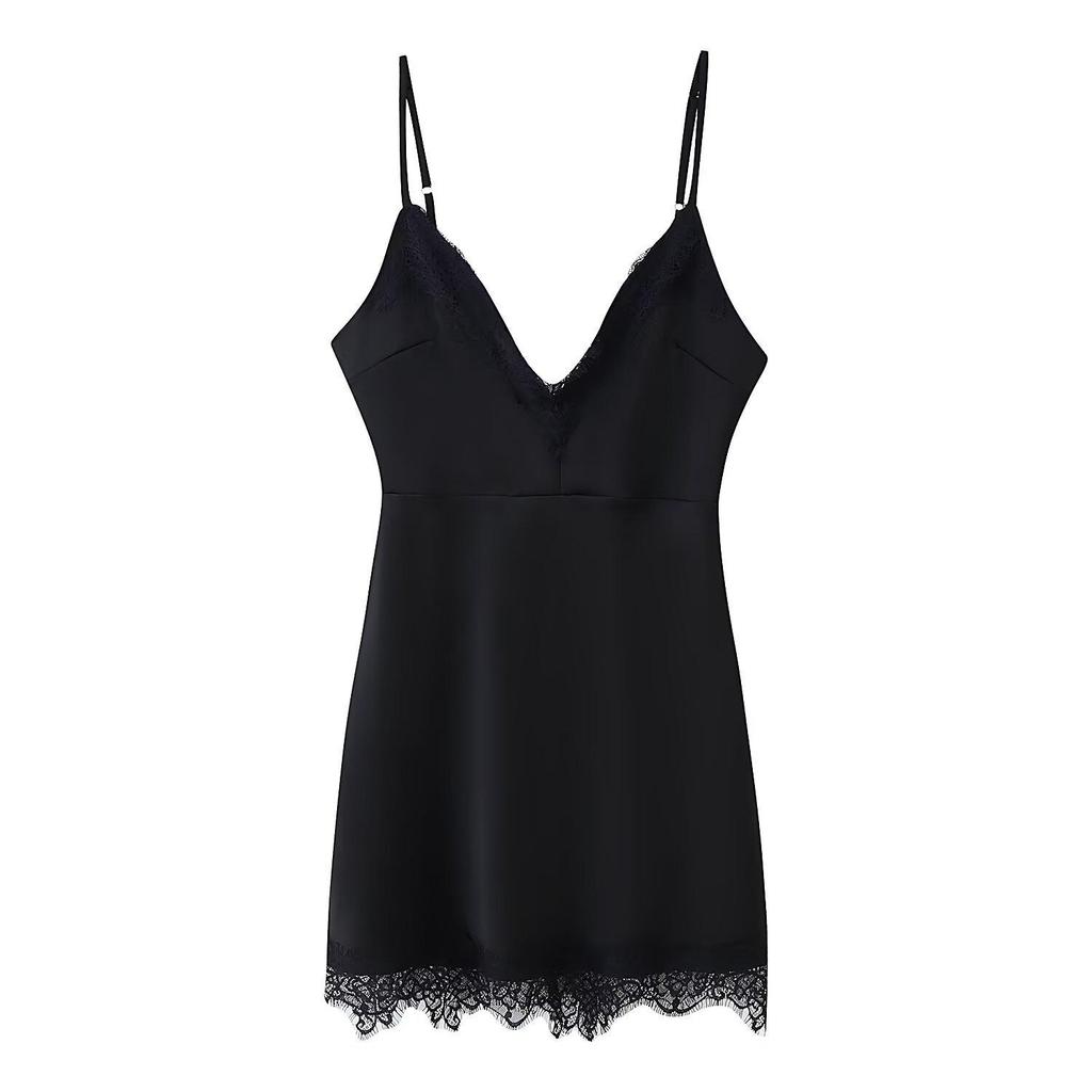 Spring 2026 European & American Style Lace Trim V-Neck Spaghetti Strap Dress for Women.